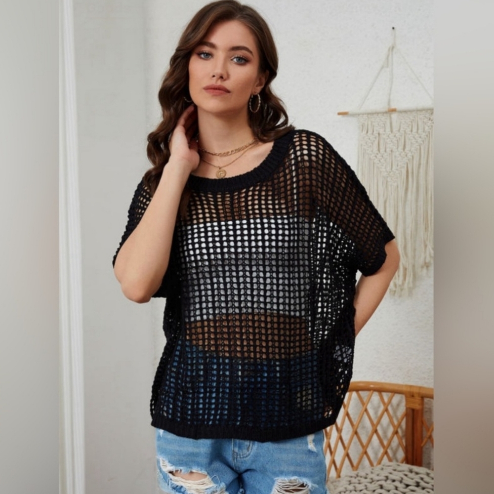 Crochet Open Weave Knit Eggshell Black Bohemian Top, Fishnet - Picture 8 of 12